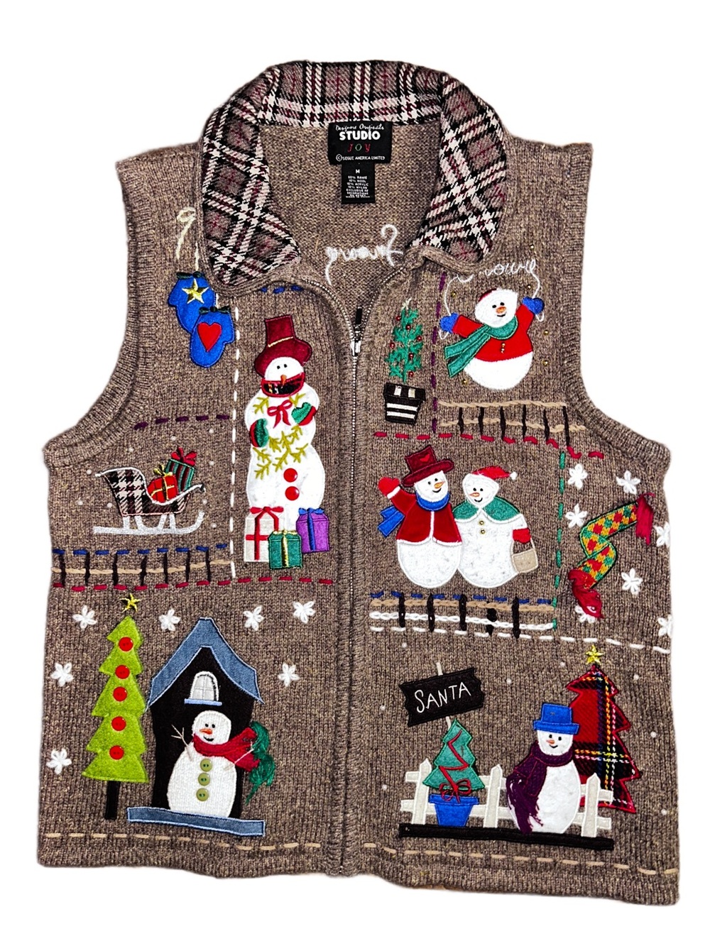 Designer’s Originals Studio ~ Medium ~ Brown W/ Multi-Colors Snowmen ~ Vest